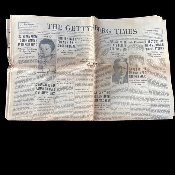 The Gettysburg Times Newspaper Vintage 1941 Pennsylvania Ephemera Collectible - Picture 1 of 14